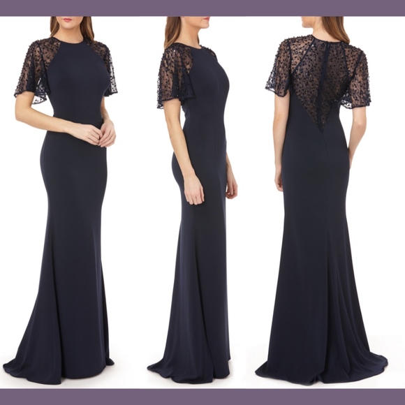 NWT $428 Carmen Marc Valvo Infusion Sequin Lace Sleeve Crepe‎ Gown [SZ 8 ] - Picture 1 of 8